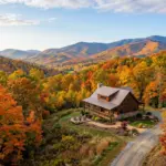 Blue Ridge Mountains in Asheville North Carolina with fall foliage and vacation rental property