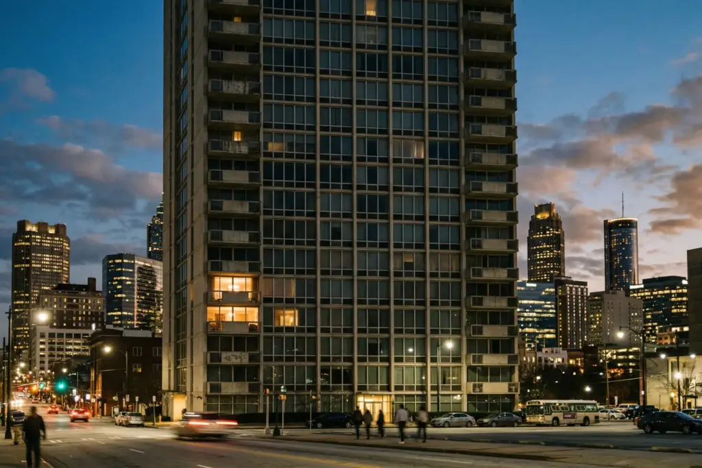 Historic Atlanta high-rise condominium building at dusk with a mix of lit and dark windows representing the divide between residents and short-term rental investors