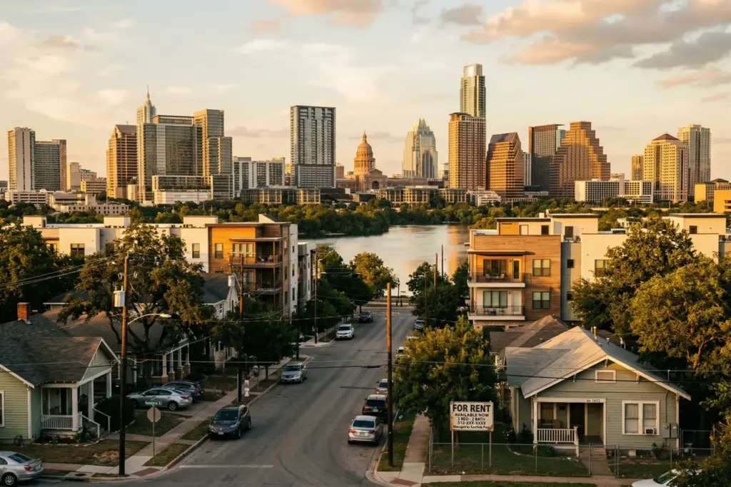 Austin Texas skyline and residential neighborhood representing STR platform enforcement deadline