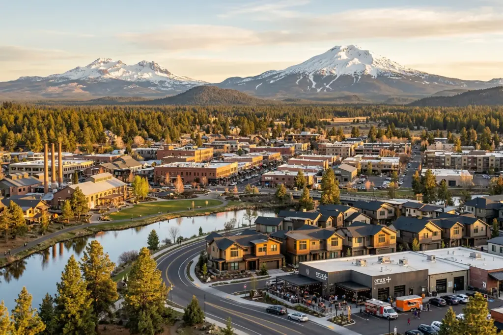 Bend Oregon mountain town vacation rental market with Cascade Mountains and Mt Bachelor in background