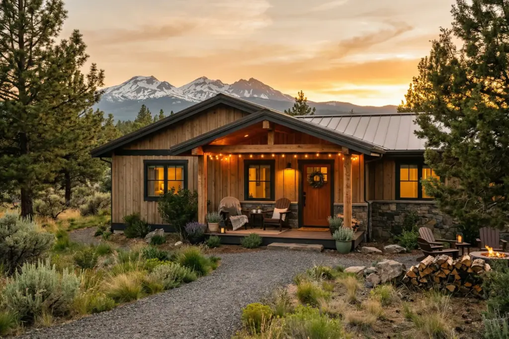 A warm ranch-style vacation rental in Bend Oregon with Cascade Mountain views at sunset