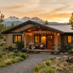 A warm ranch-style vacation rental in Bend Oregon with Cascade Mountain views at sunset