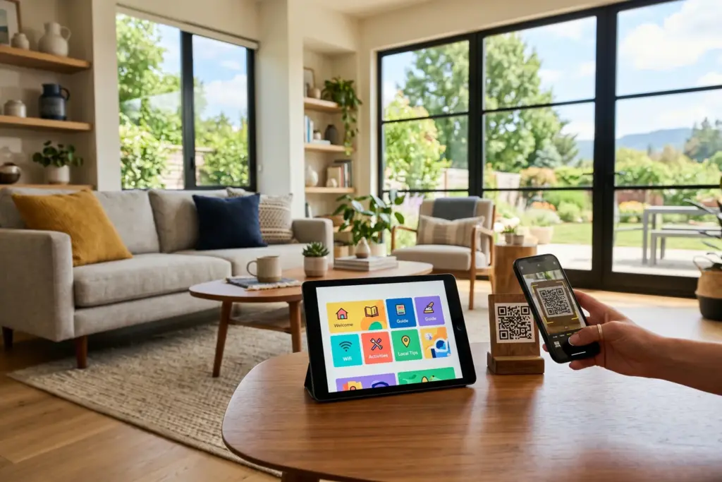 Digital welcome book displayed on tablet and smartphone in a modern vacation rental living room