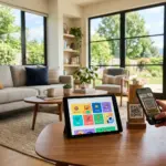Digital welcome book displayed on tablet and smartphone in a modern vacation rental living room