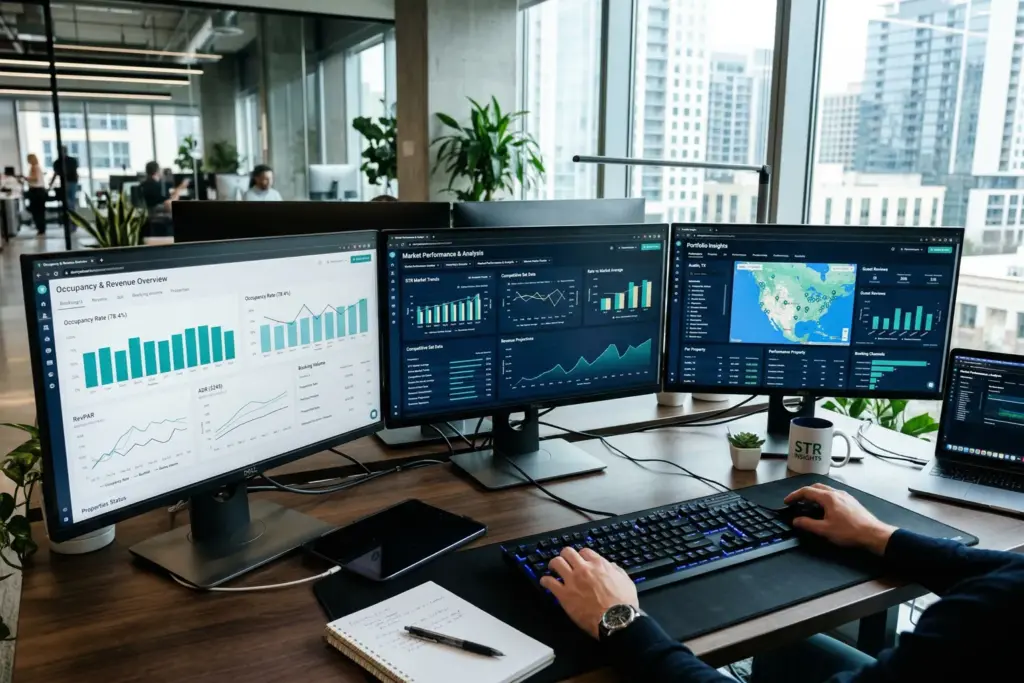 Analytics dashboards showing STR performance data and market benchmarking for professional property managers