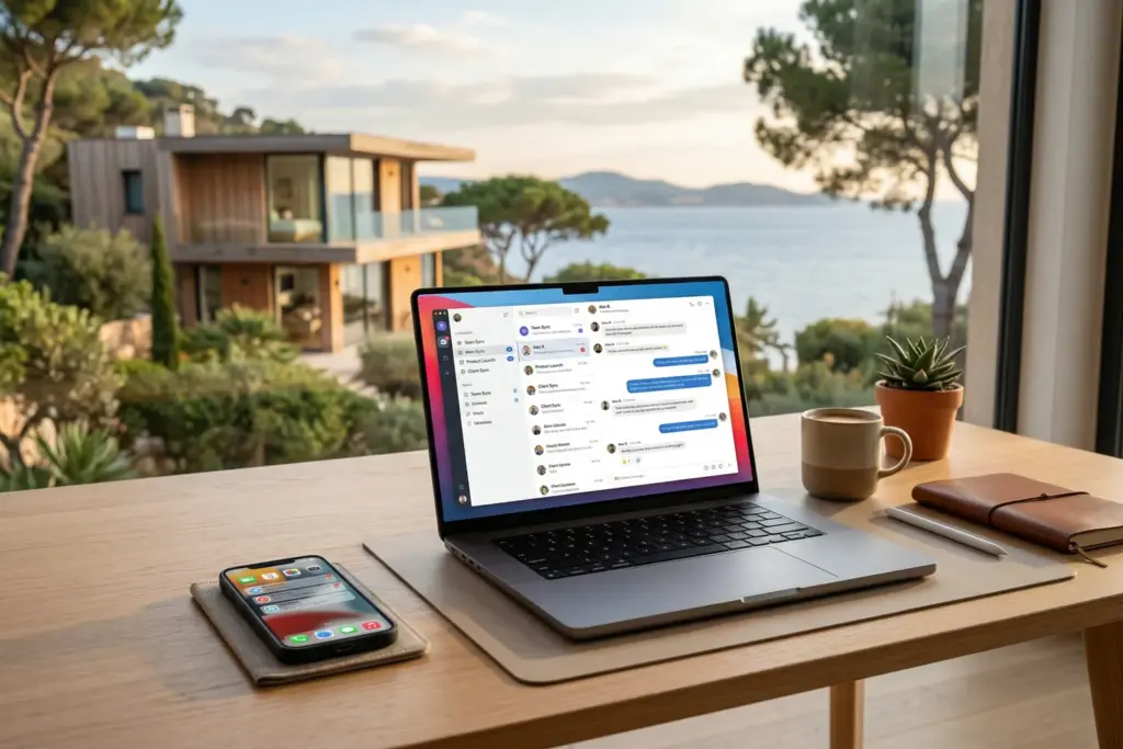 Laptop and smartphone displaying unified guest messaging dashboard for short-term rental operators