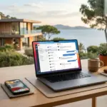 Laptop and smartphone displaying unified guest messaging dashboard for short-term rental operators