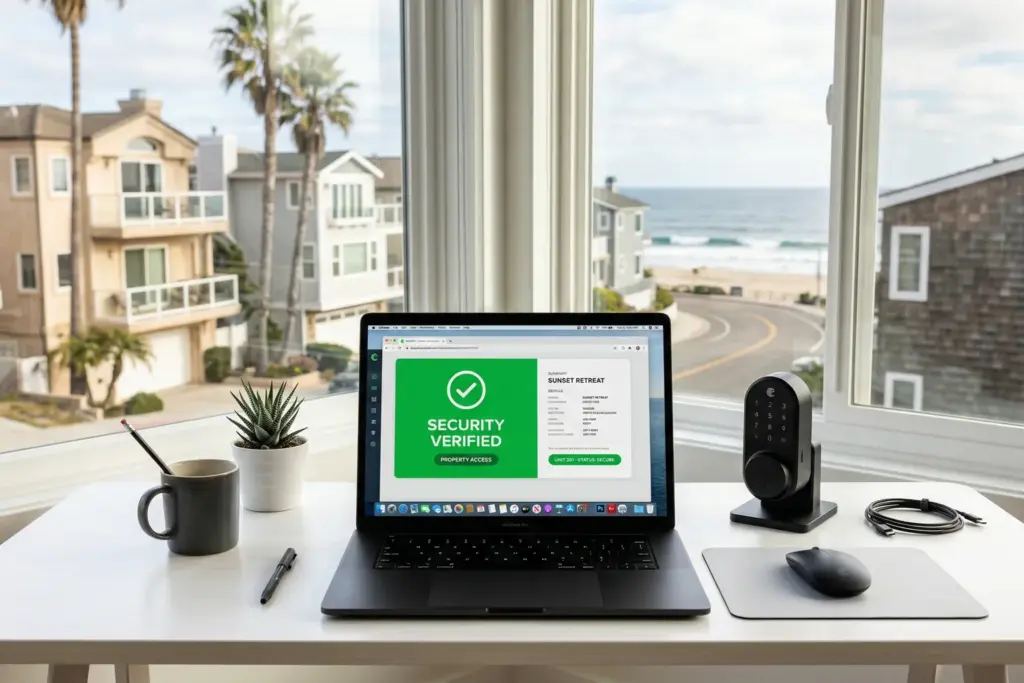 Laptop displaying guest verification interface with smart lock on desk and coastal vacation rental visible through window