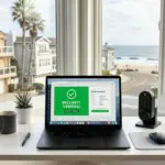 Laptop displaying guest verification interface with smart lock on desk and coastal vacation rental visible through window