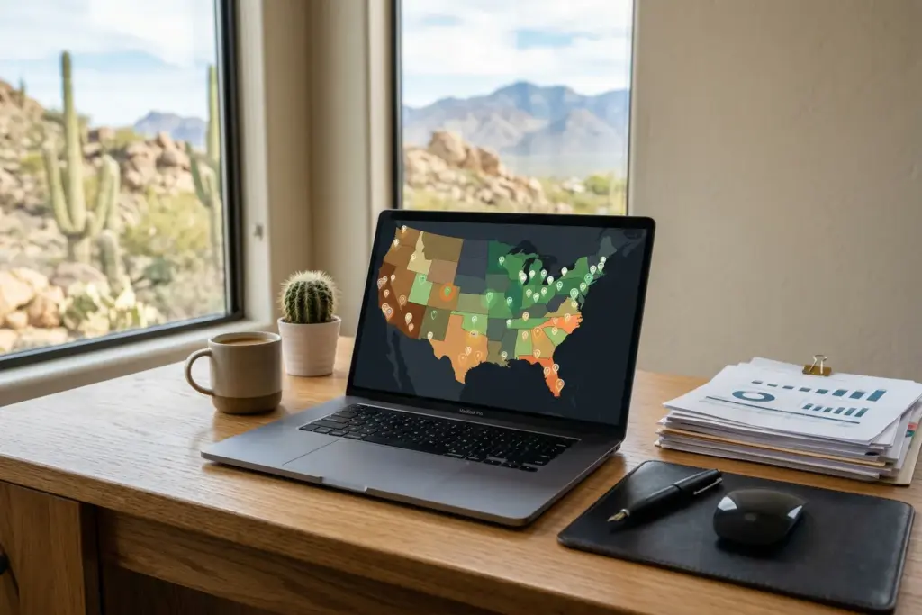 Data visualization of top US STR markets ranked by DSCR loan viability showing revenue and market metrics