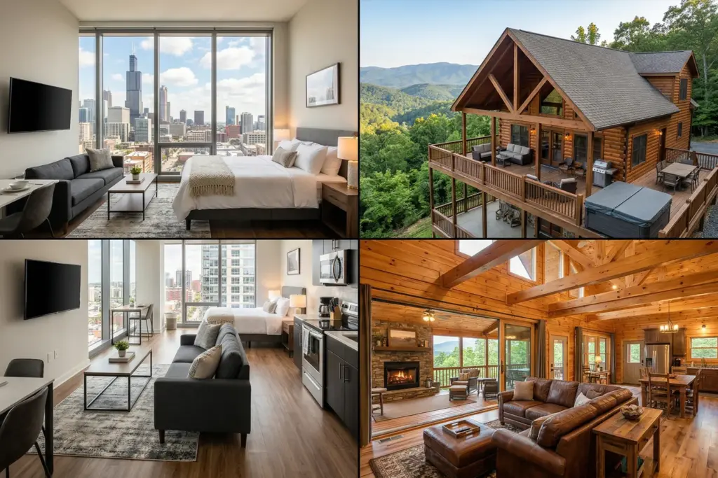 Split view comparing an urban studio apartment and a mountain cabin as short-term rental property types
