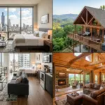 Split view comparing an urban studio apartment and a mountain cabin as short-term rental property types