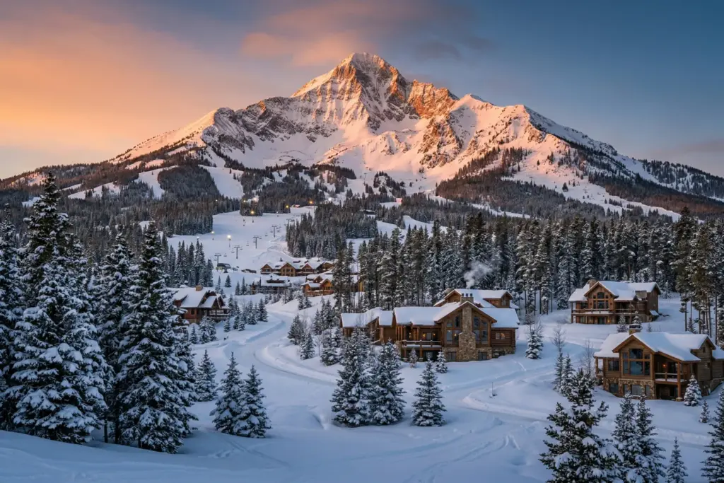 Big Sky Montana mountain landscape with luxury vacation rental properties and Lone Peak in winter