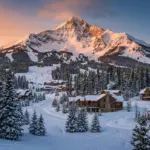 Big Sky Montana mountain landscape with luxury vacation rental properties and Lone Peak in winter