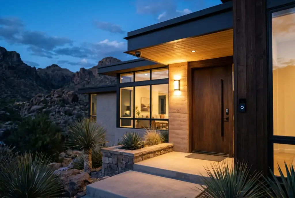 Modern vacation rental exterior with smart doorbell and outdoor camera at blue hour