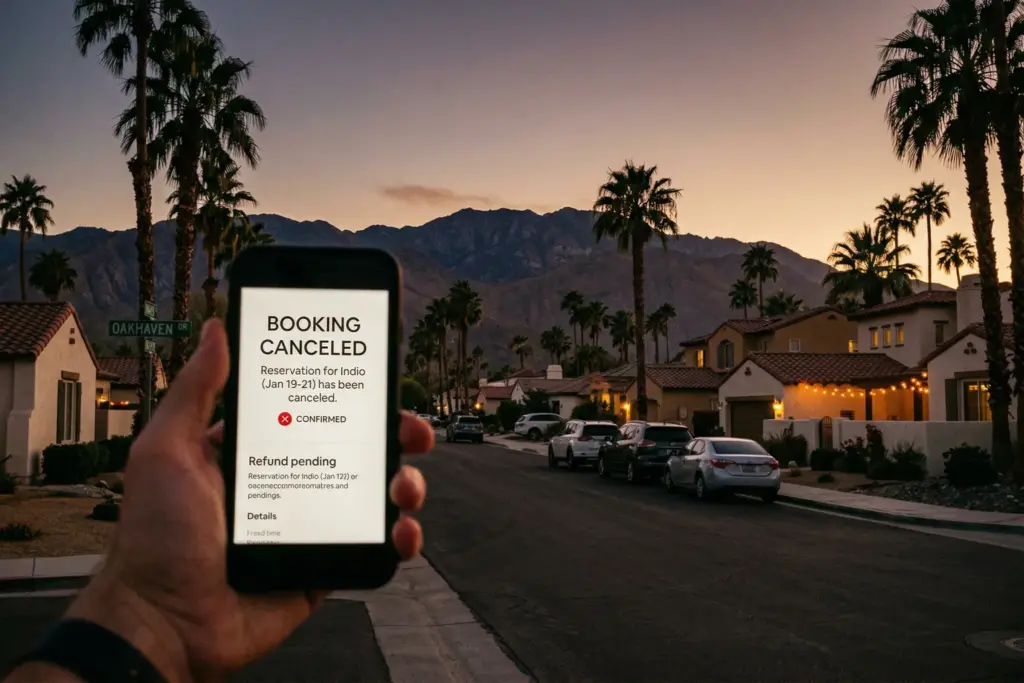 Coachella Valley vacation rentals at dusk illustrating STR cancellation crisis during festival season 2026