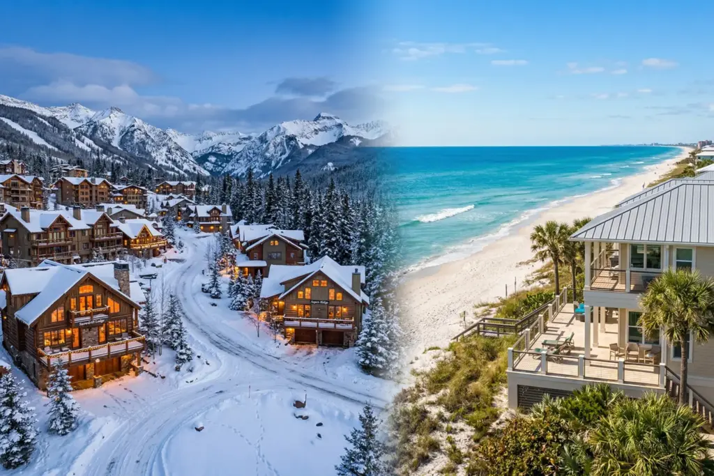 Split view comparing mountain ski town and coastal beach vacation rental markets for STR investment analysis