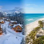 Split view comparing mountain ski town and coastal beach vacation rental markets for STR investment analysis