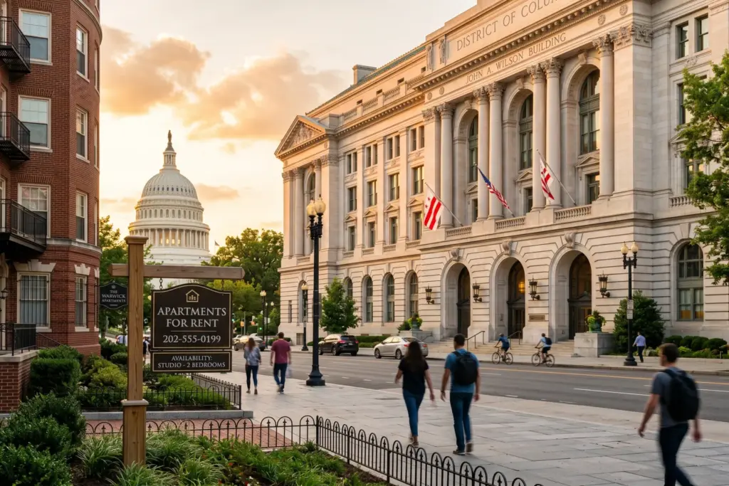 Washington D.C. government building and residential neighborhood representing the new renter hosting bill