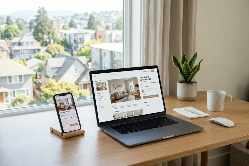 Laptop showing vacation rental direct booking website interface with property tech tools