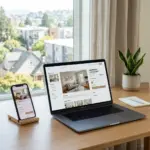 Laptop showing vacation rental direct booking website interface with property tech tools