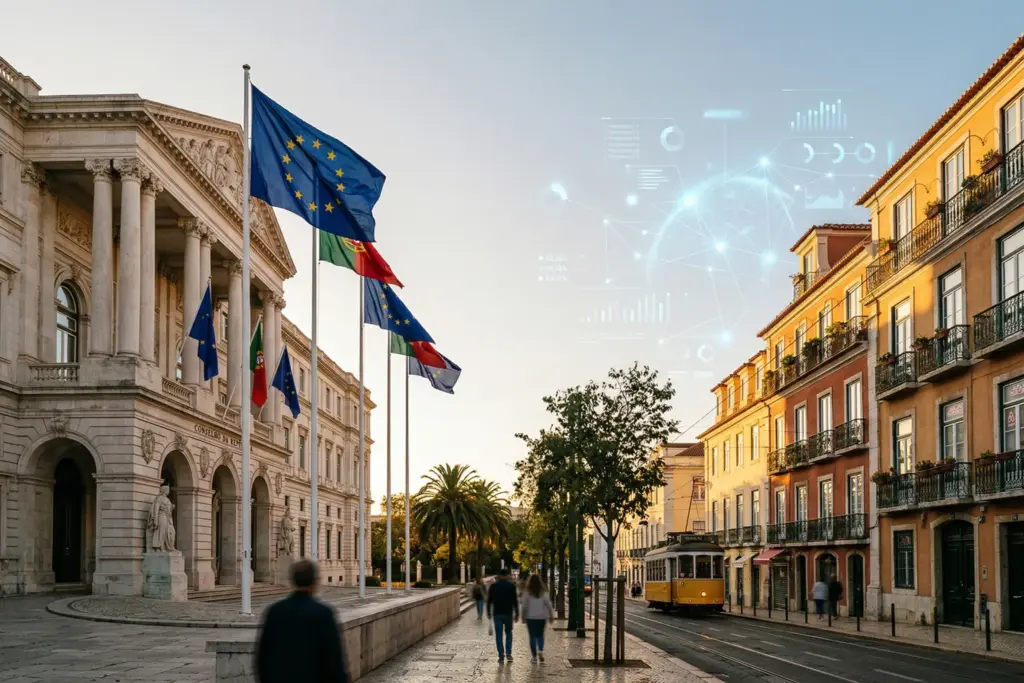 European Union flags outside a government building representing EU Regulation 2024/1028 for short-term rental transparency