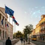 European Union flags outside a government building representing EU Regulation 2024/1028 for short-term rental transparency