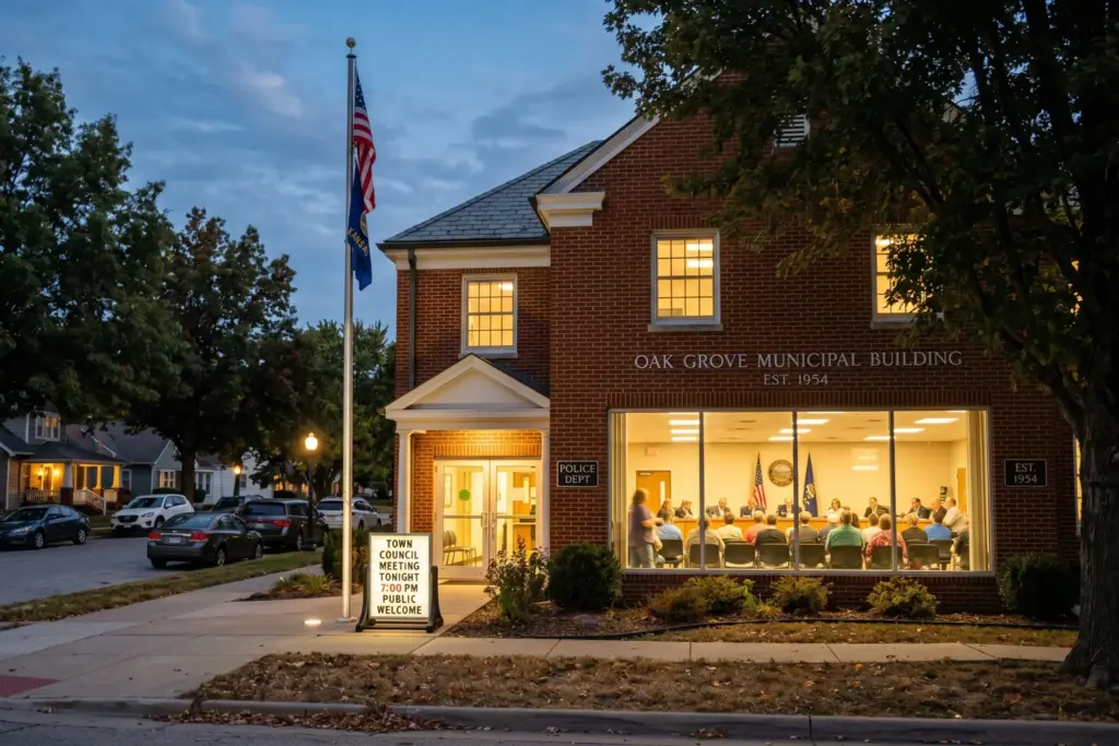 Suburban town hall at dusk representing municipal STR regulation near FIFA World Cup host cities