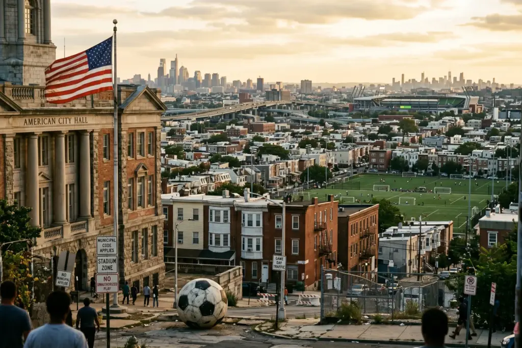 American city hall building with residential neighborhoods representing World Cup host city STR regulations