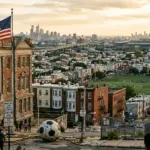 American city hall building with residential neighborhoods representing World Cup host city STR regulations