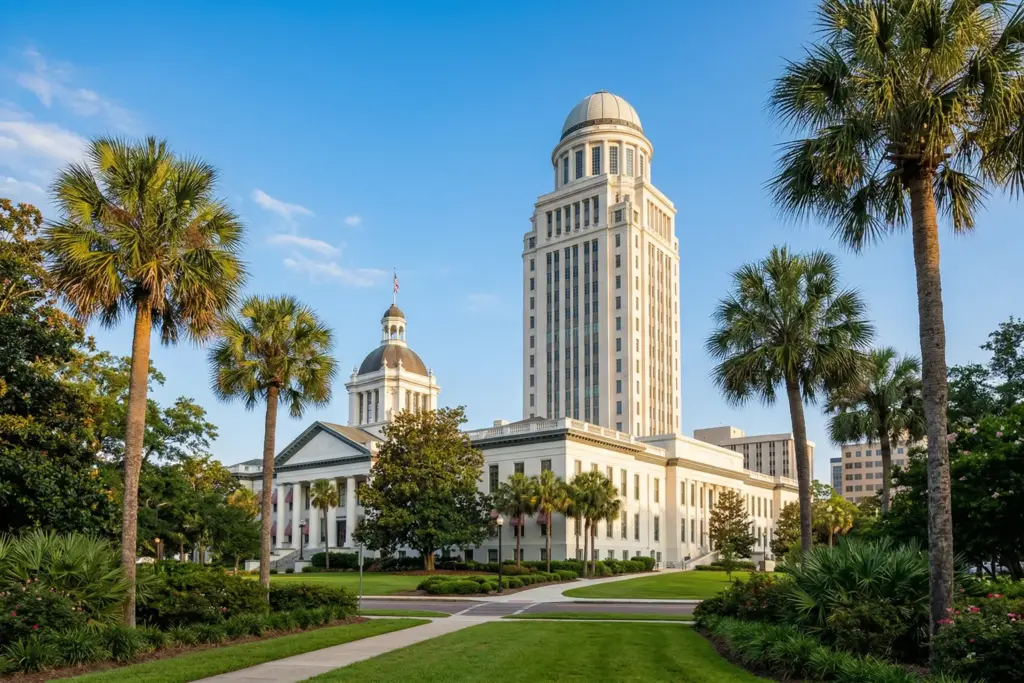 Florida State Capitol building in Tallahassee with palm trees representing vacation rental preemption framework