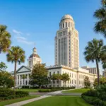 Florida State Capitol building in Tallahassee with palm trees representing vacation rental preemption framework