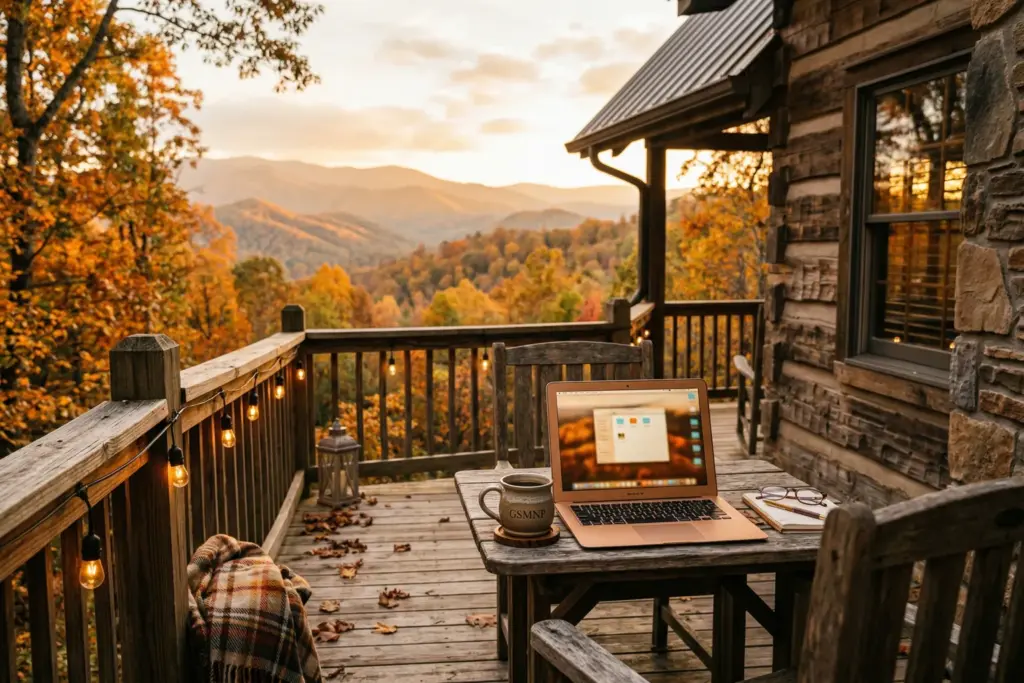 Mountain cabin porch with laptop and coffee overlooking the Smoky Mountains at golden hour representing first-time STR investor success