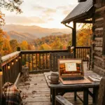 Mountain cabin porch with laptop and coffee overlooking the Smoky Mountains at golden hour representing first-time STR investor success