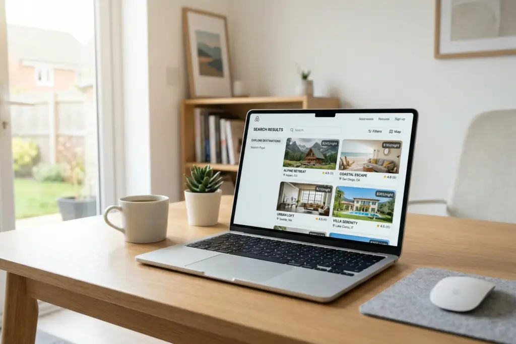 Laptop showing vacation rental listing search results with total prices displayed upfront