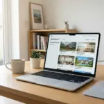 Laptop showing vacation rental listing search results with total prices displayed upfront