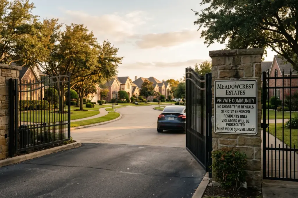 HOA community entrance with no short-term rental sign illustrating HOA STR enforcement
