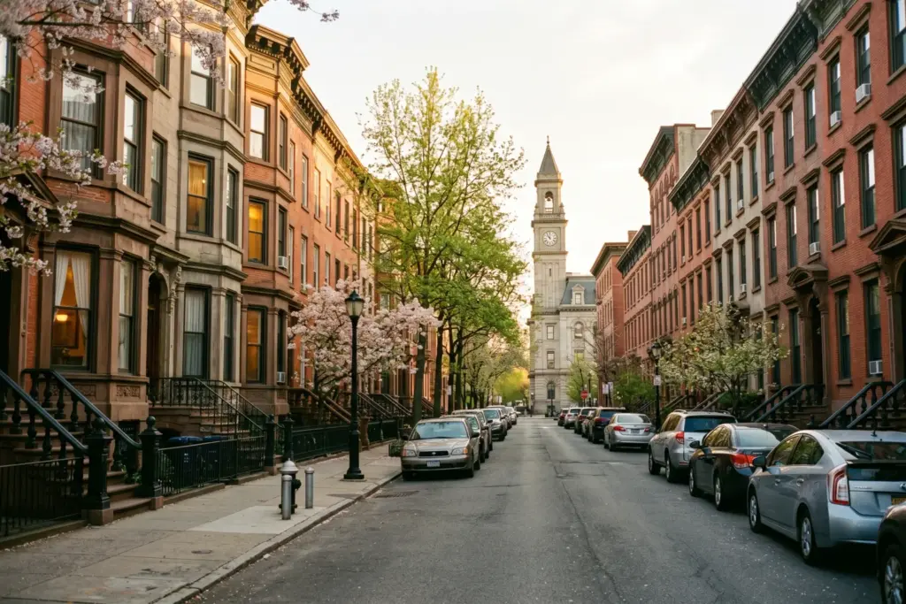 Hoboken New Jersey brownstone buildings on a residential street where short-term rental regulation is being proposed for the first time