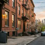 A residential walkup building in Hoboken New Jersey with a rolling suitcase near the entrance, representing the World Cup 2026 short-term rental surge