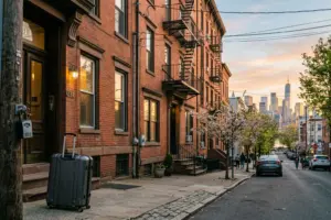 A residential walkup building in Hoboken New Jersey with a rolling suitcase near the entrance, representing the World Cup 2026 short-term rental surge