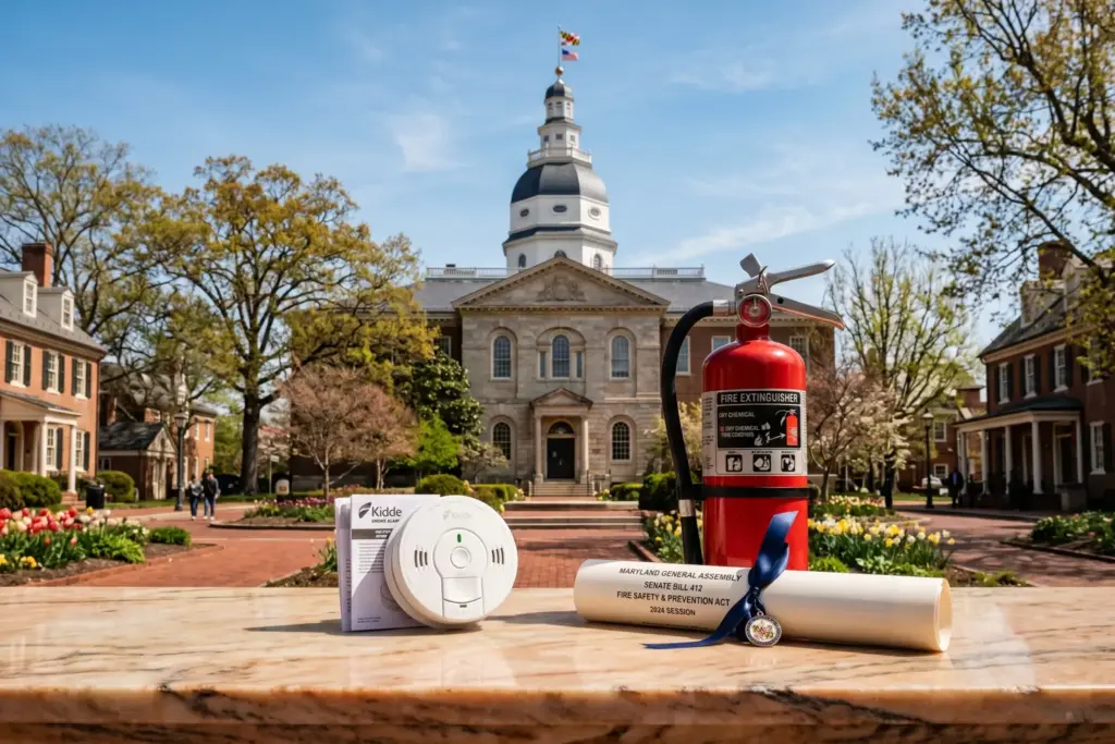 Maryland State House in Annapolis with fire safety equipment symbolizing the Wiener Short-Term Rental Safety Act