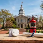 Maryland State House in Annapolis with fire safety equipment symbolizing the Wiener Short-Term Rental Safety Act
