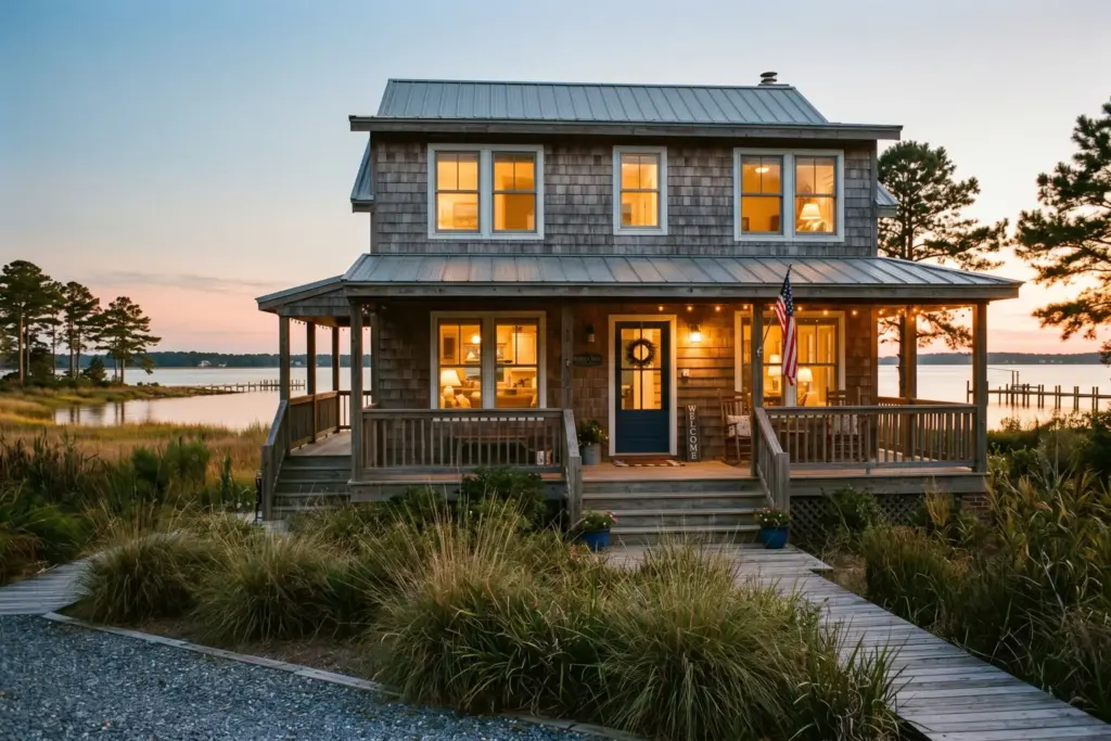 Maryland coastal vacation rental home at dusk with warm lighting and safety features visible