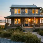 Maryland coastal vacation rental home at dusk with warm lighting and safety features visible