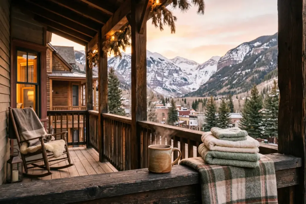 Mountain town vacation rental hosting in Colorado with snow-capped peaks at dawn