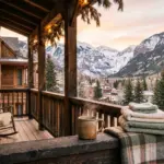 Mountain town vacation rental hosting in Colorado with snow-capped peaks at dawn