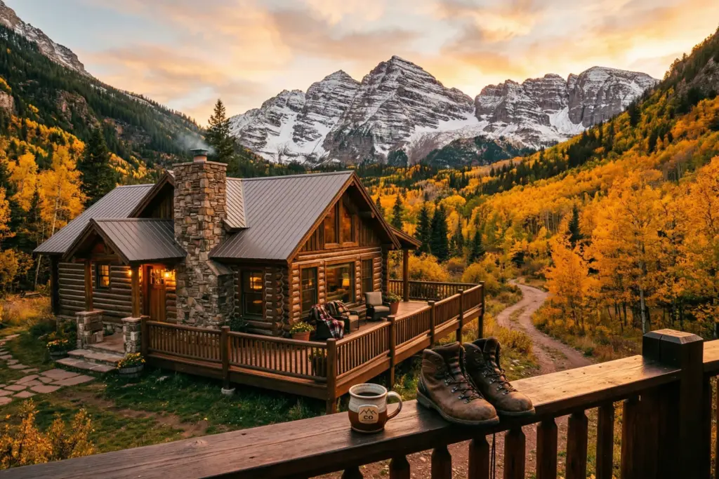 A mountain town vacation rental cabin with a deck overlooking snow-capped peaks and golden aspens, representing the STR investor shift from coastal to mountain markets in 2026