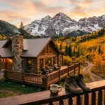 A mountain town vacation rental cabin with a deck overlooking snow-capped peaks and golden aspens, representing the STR investor shift from coastal to mountain markets in 2026