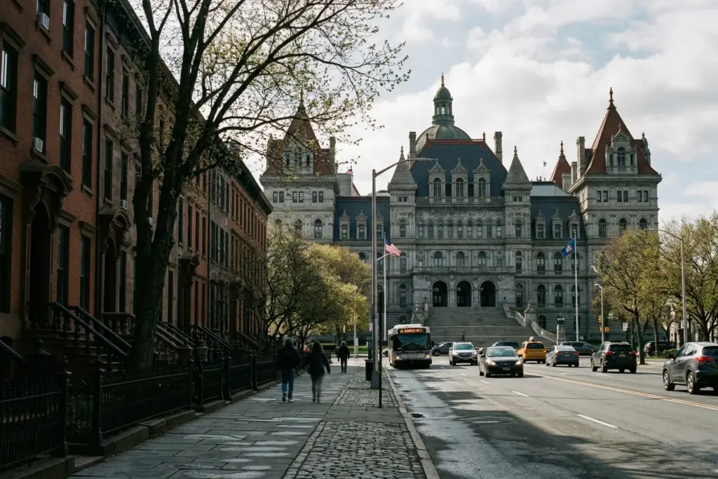 New York State Capitol building in Albany representing the statewide STR tax law