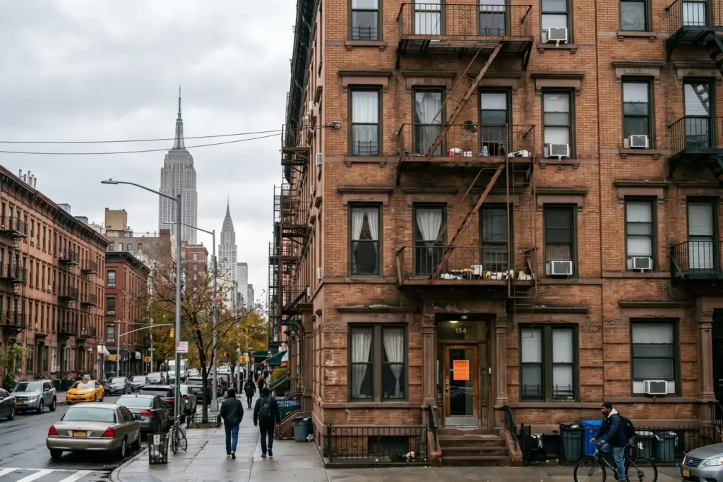 New York City residential brownstone buildings representing the neighborhoods affected by Local Law 18 short-term rental enforcement